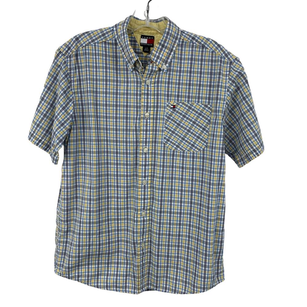 Y2K Tommy Hilfiger Boys Yellow Blue Plaid Short Sleeve Button Down Shirt Large